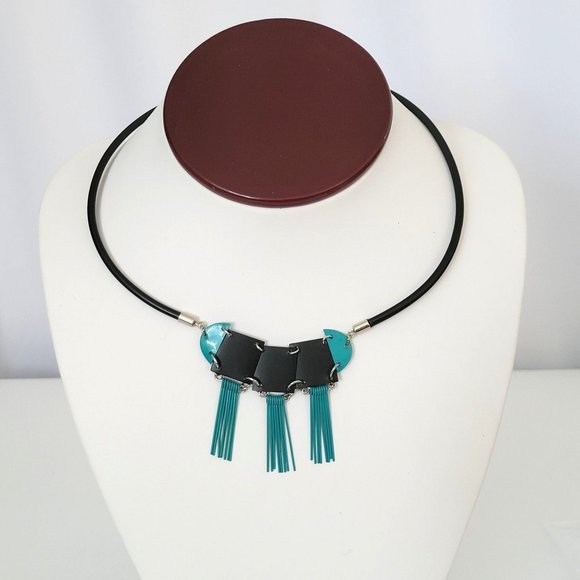 Industrial Look 16" Choker Necklace Black Plastic Medallions Dangles Blue Teal - Picture 1 of 10